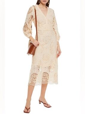 NWT MAJE Romy Guipure Lace Midi Dress In Nude Small EU 36 Wedding Guest Feminine
